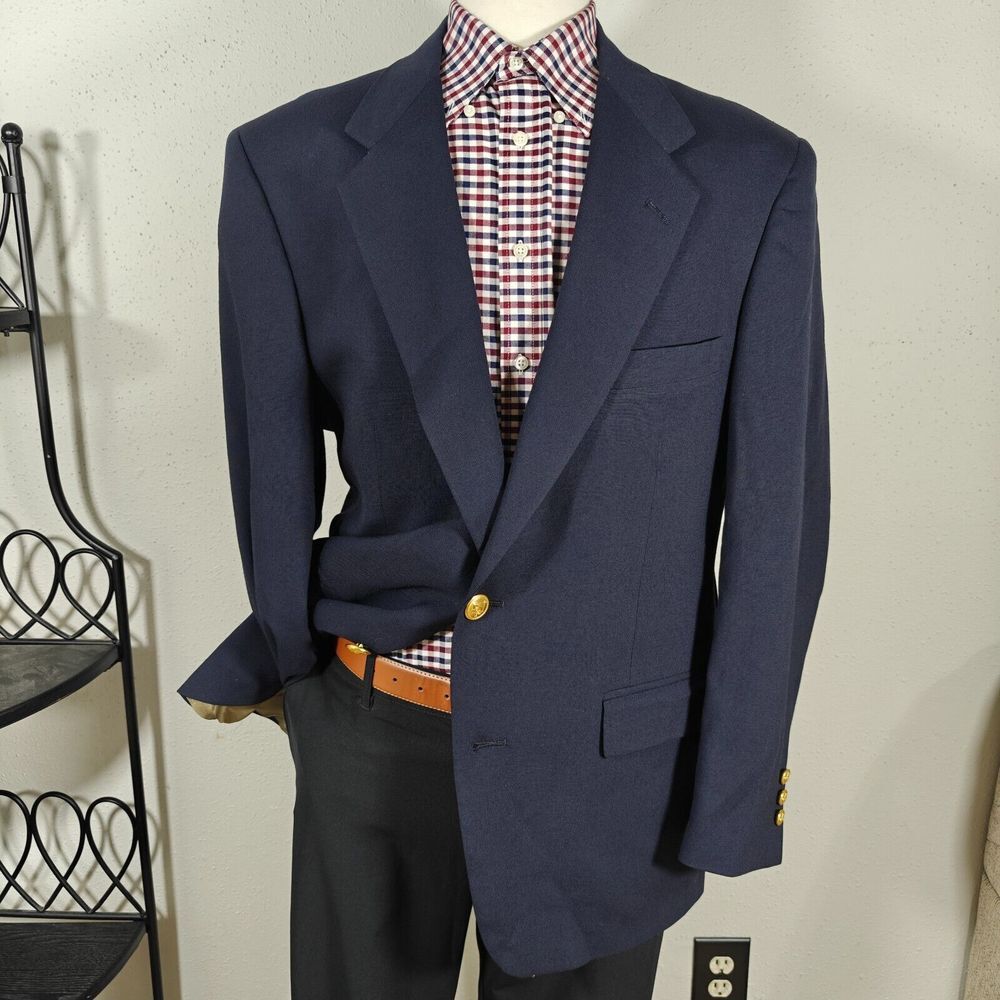 Evan Picone Men's Sport Coat Blazer Two Golden Button Navy Blue Size 44L